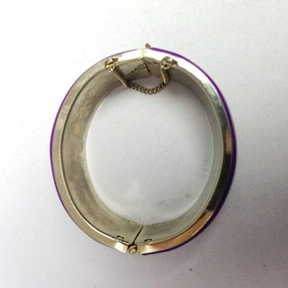 Vintage Wide Purple Enamel Hinged Bangle Bracelet with Security Chain, Estate - Picture 3 of 8